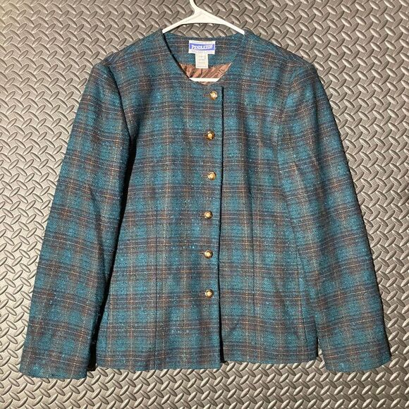 Vintage Pendleton Wool Green Black Plaid Button Up Blazer Jacket‎ Women's 10 USA - Picture 1 of 8